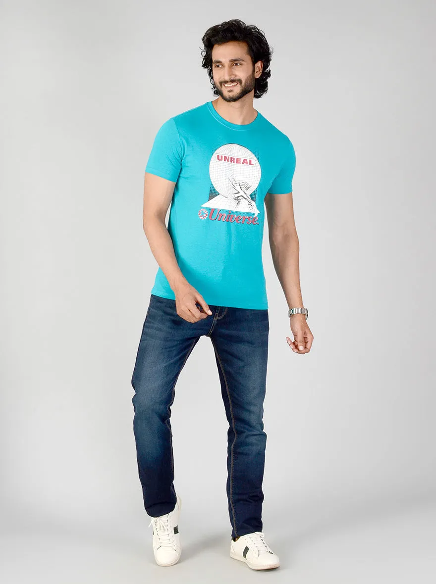 Turquoise Blue Printed Slim Fit T-shirt | JadeBlue