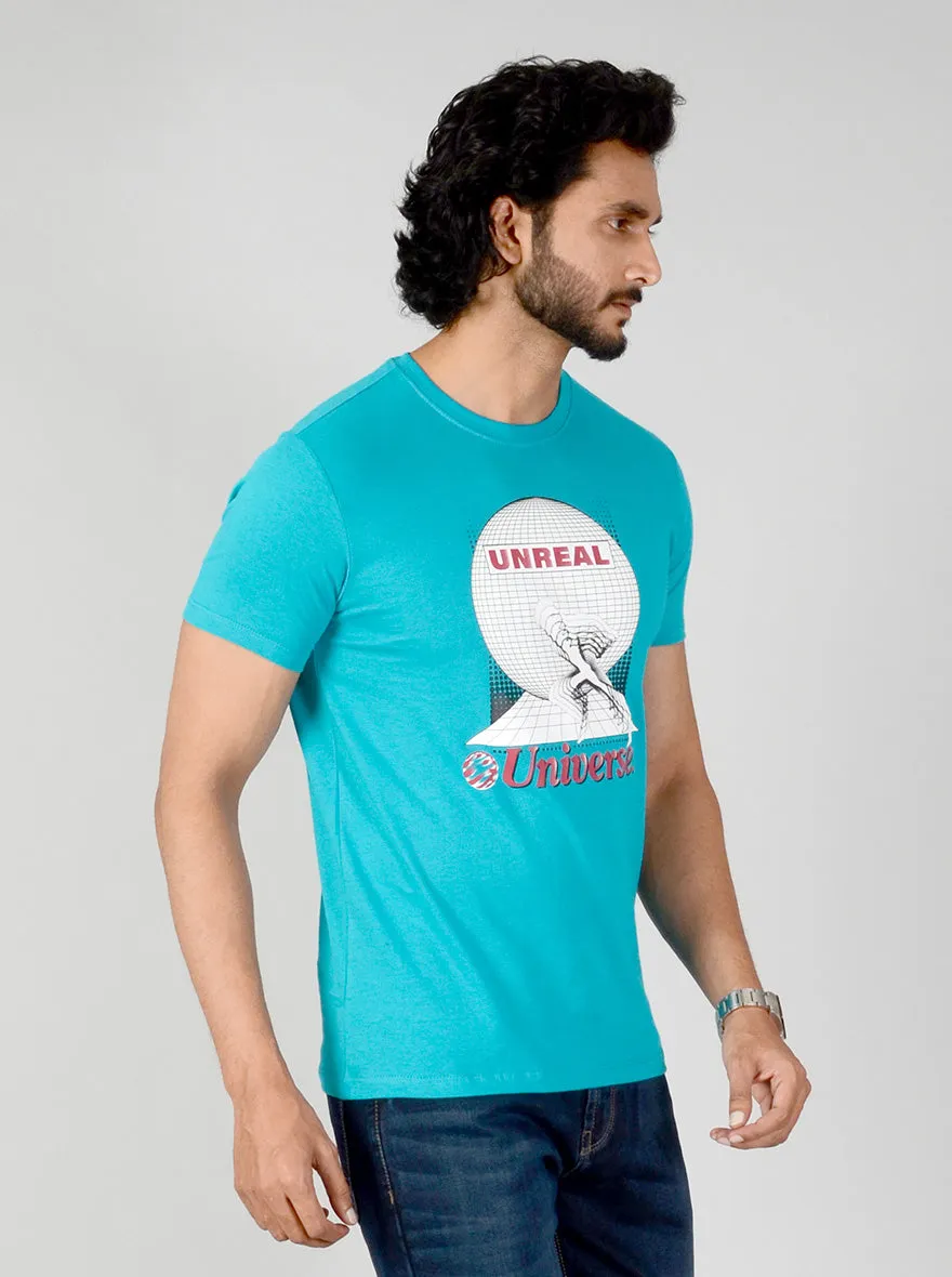 Turquoise Blue Printed Slim Fit T-shirt | JadeBlue