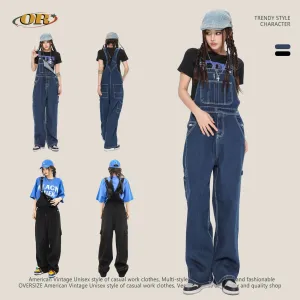 Uniwim 90s streetwear Oeeta Jeans Autumn American Style Overalls Men's Denim Overalls Women's Loose Denim Jumpsuit