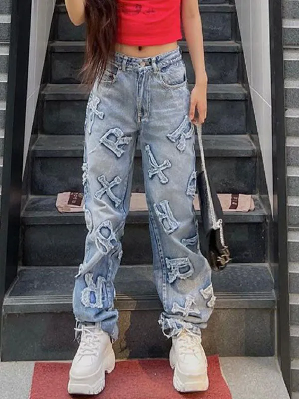 Vintage Wash Distressed Geometric Patch Boyfriend Jeans