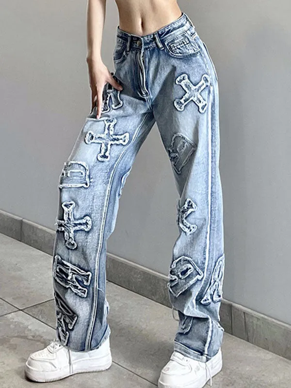 Vintage Wash Distressed Geometric Patch Boyfriend Jeans