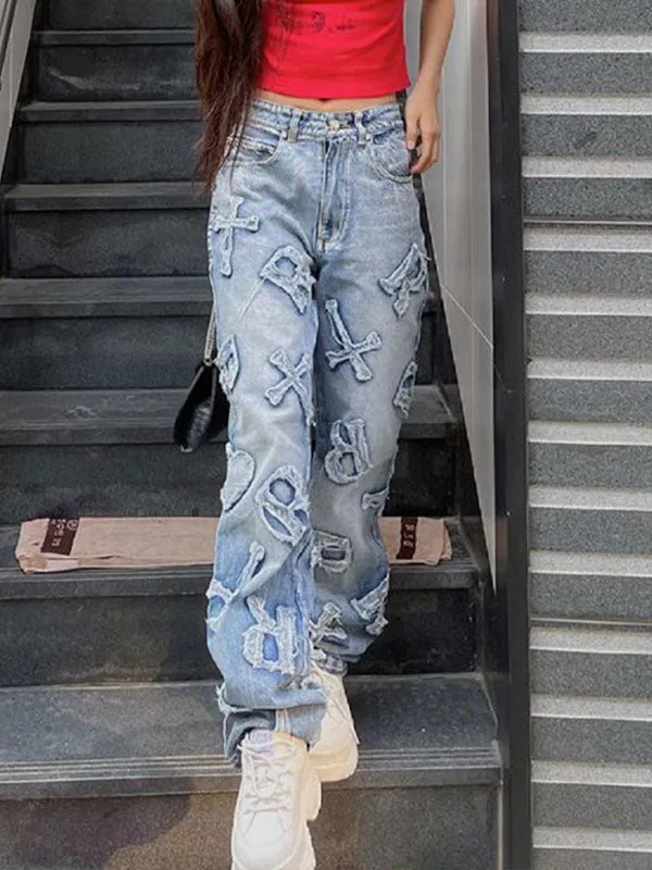 Vintage Wash Distressed Geometric Patch Boyfriend Jeans