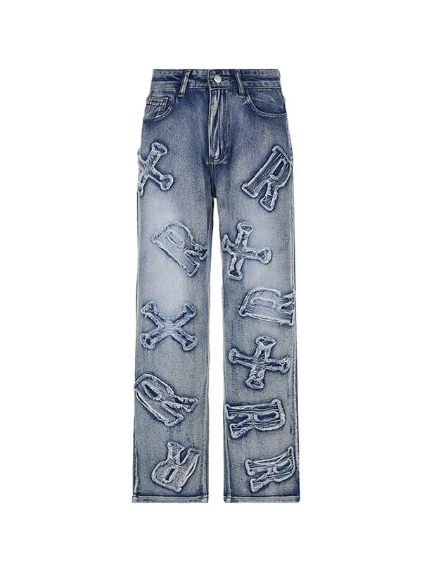 Vintage Wash Distressed Geometric Patch Boyfriend Jeans