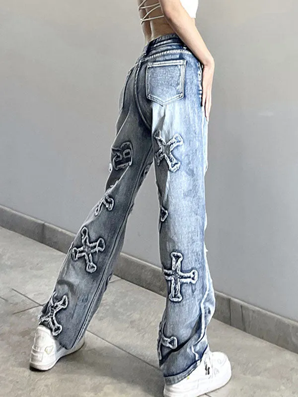 Vintage Wash Distressed Geometric Patch Boyfriend Jeans