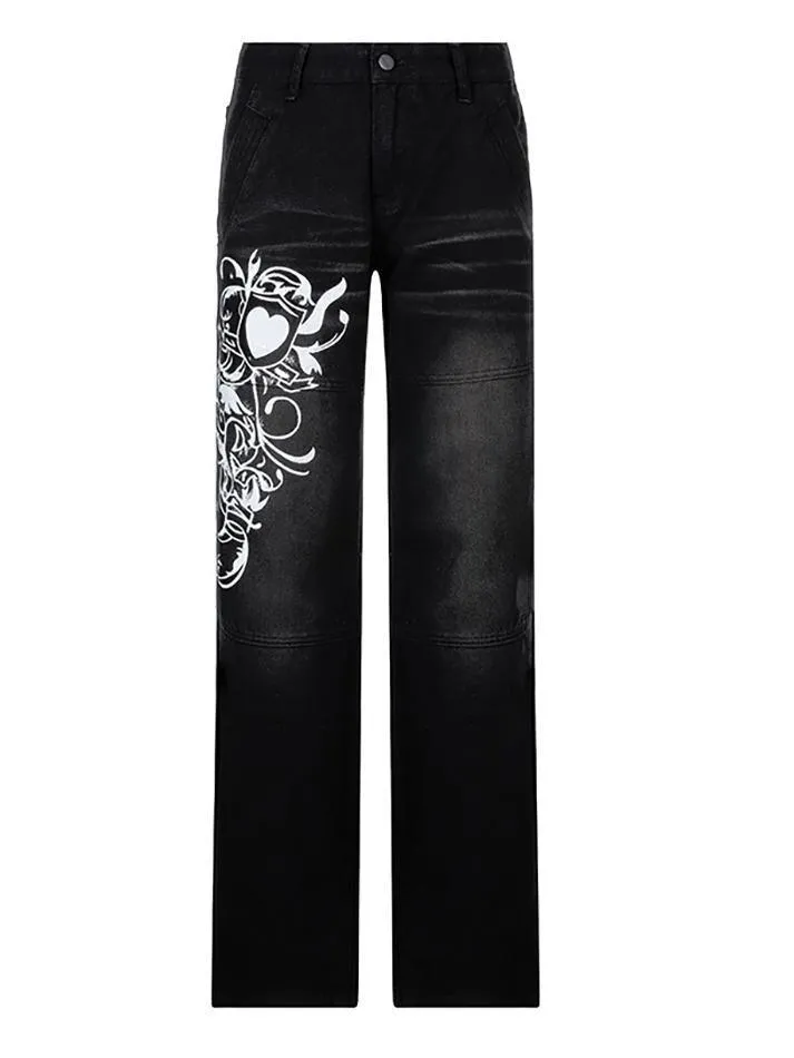 Vintage Washed Heart Print Jeans