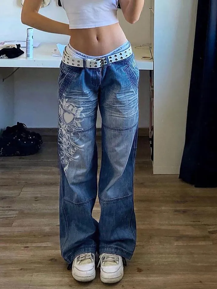 Vintage Washed Heart Print Jeans