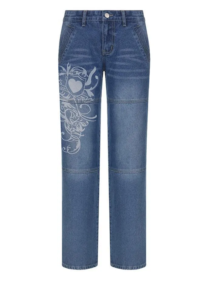 Vintage Washed Heart Print Jeans