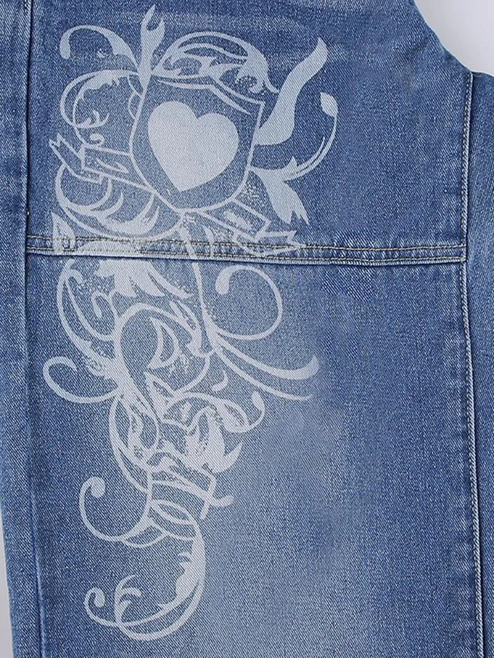 Vintage Washed Heart Print Jeans