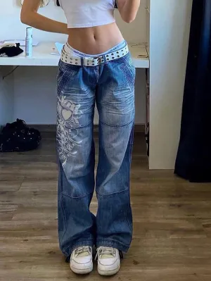 Vintage Washed Heart Print Jeans