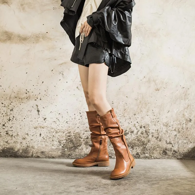 Waxing Leather Knee High Boots Fold Design Riding Boots Black/Brown