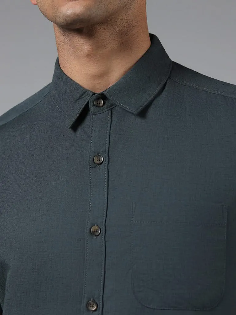 WES Casuals Solid Green Slim-Fit Blended Linen Shirt