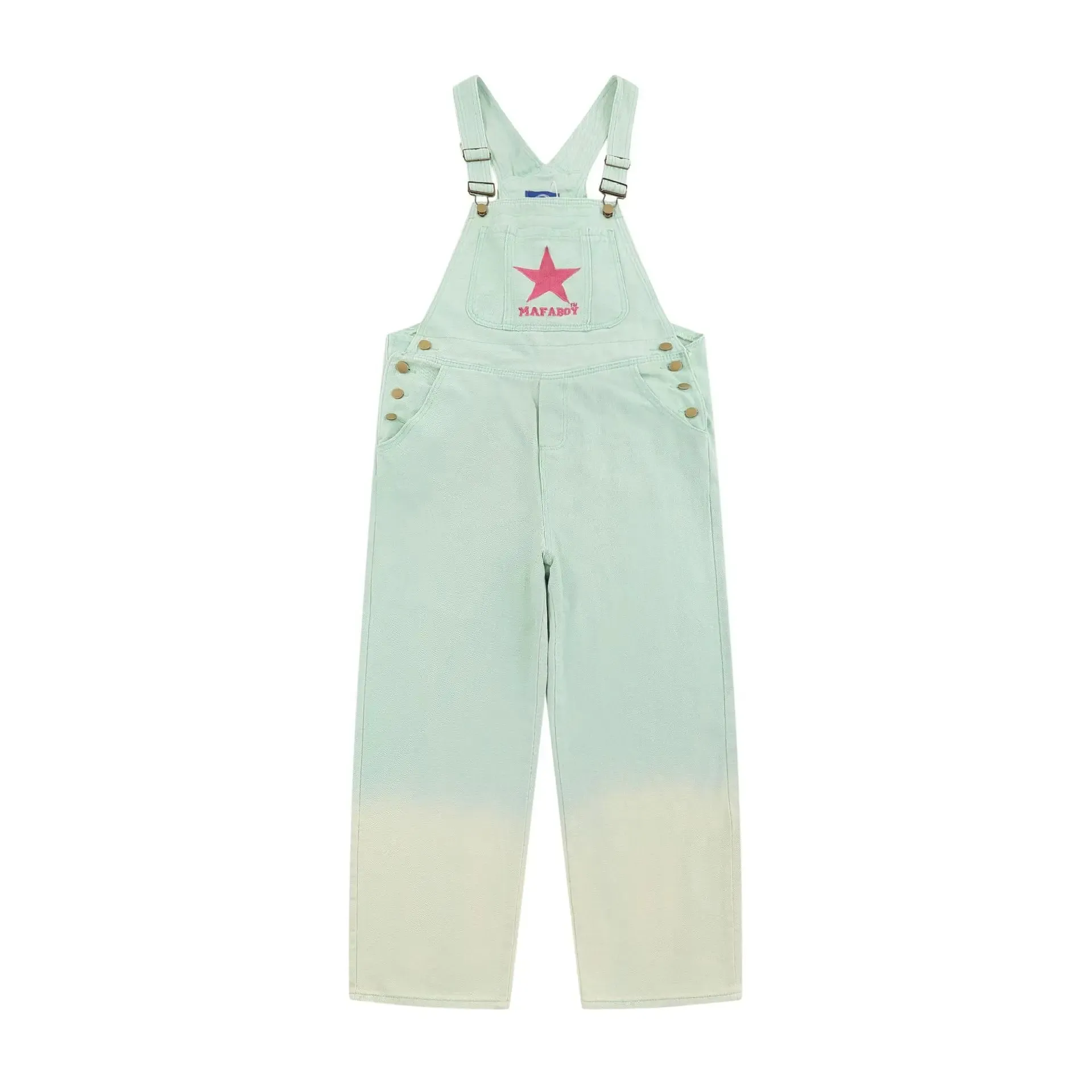 Wiaofellas  -  Tie Dye Gradient Star Embroidered Denim Overalls For Men And Women Loose Casual Suspender Jumpsuit Streetwear Jeans Trousers