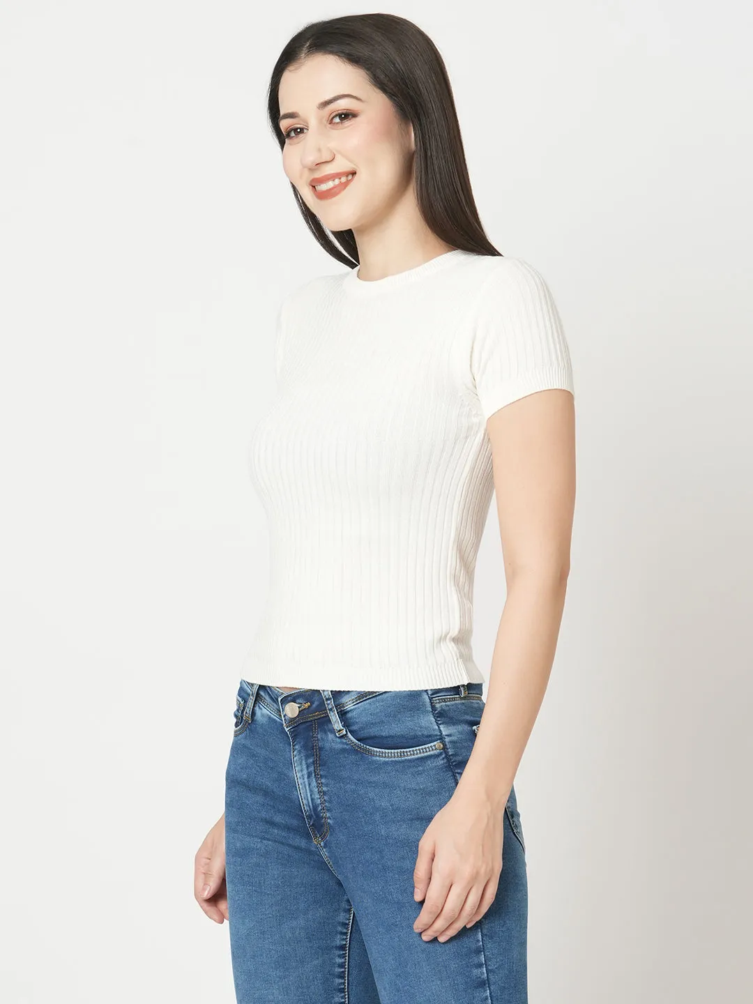 Women Slim Fit White Solid Flat Knit