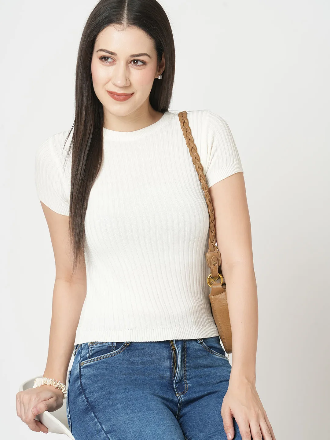 Women Slim Fit White Solid Flat Knit