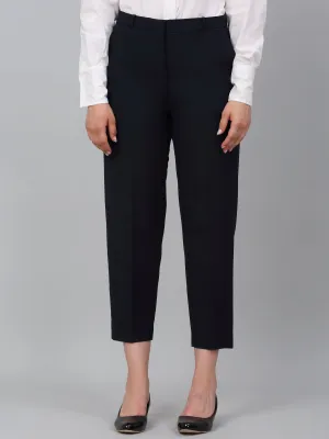 Women's Navy Blue Solid Non-Pleated Formal Trouser