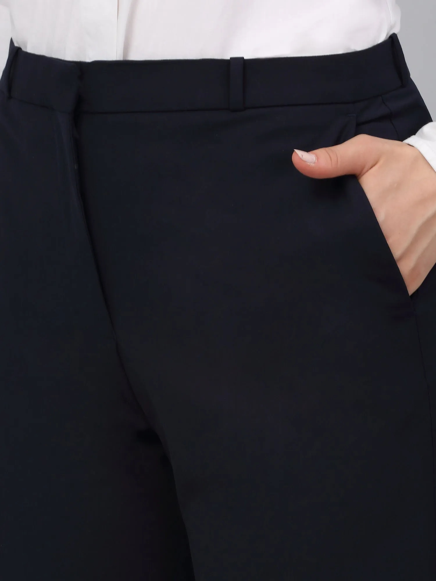 Women's Navy Blue Solid Non-Pleated Formal Trouser