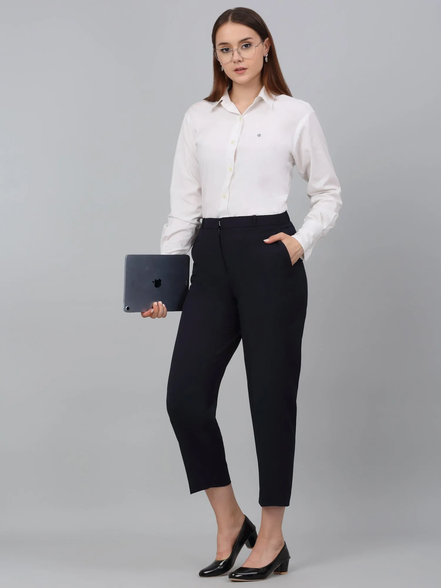 Women's Navy Blue Solid Non-Pleated Formal Trouser