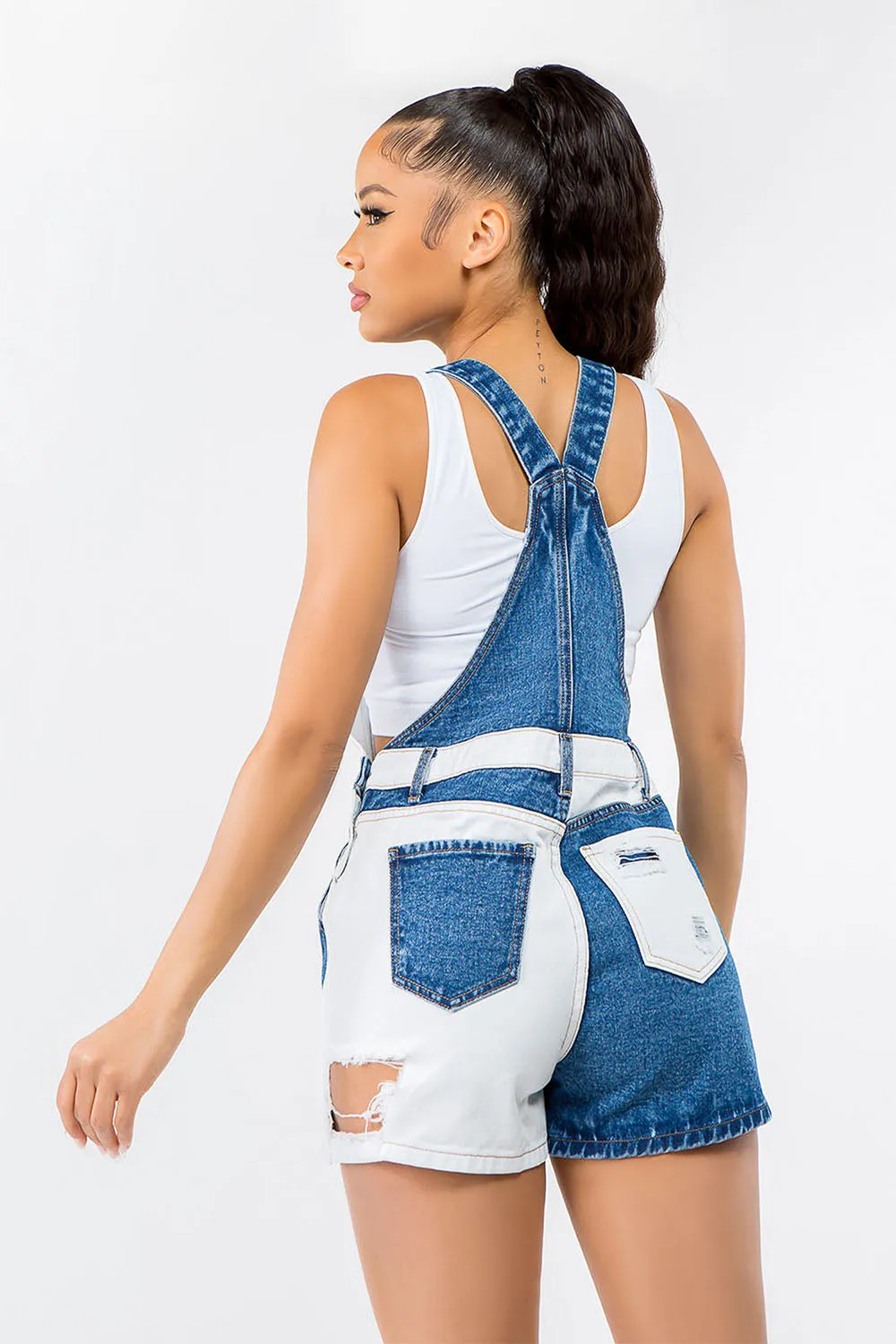 Women's Patchwork Color Block Denim Short Overalls