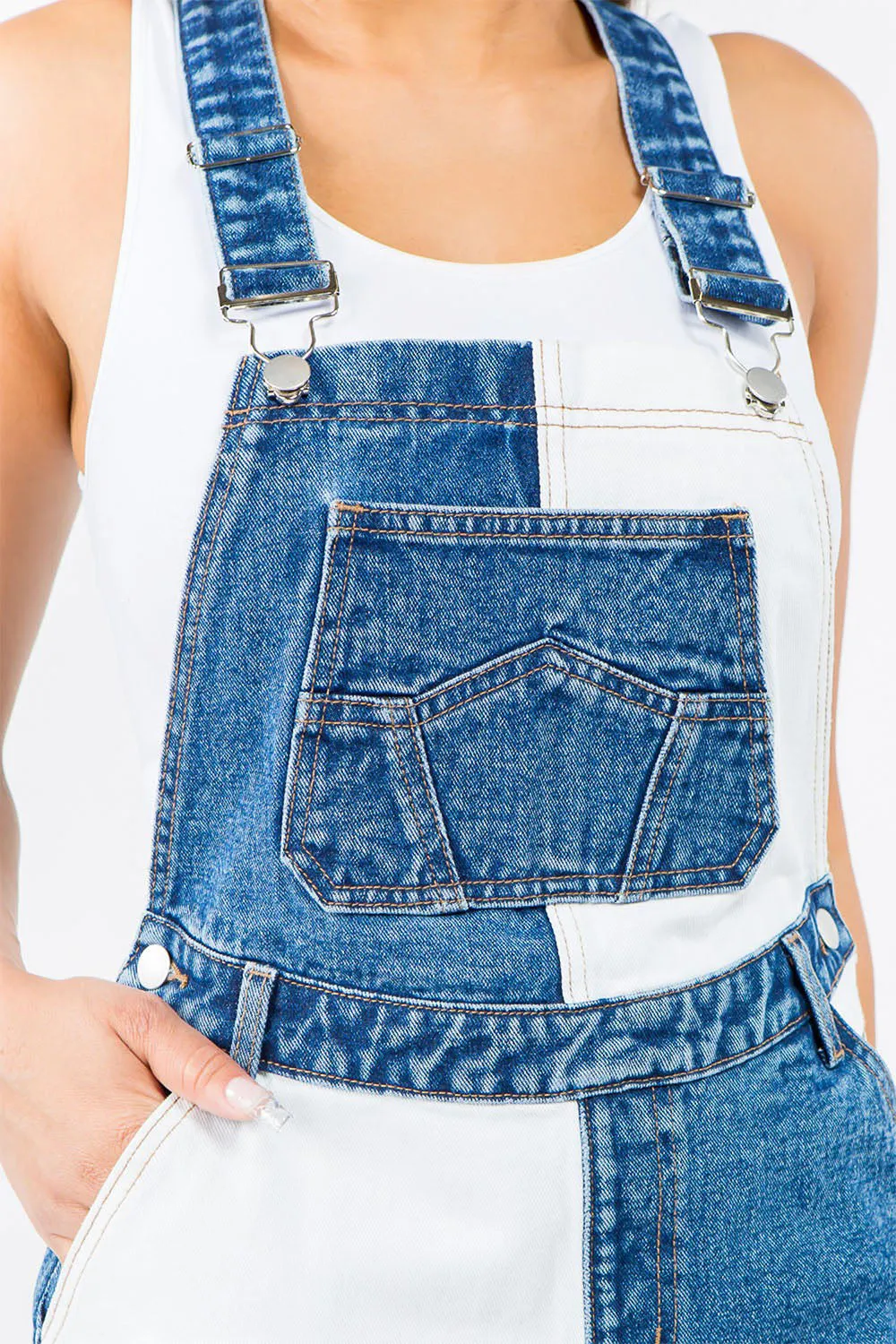 Women's Patchwork Color Block Denim Short Overalls