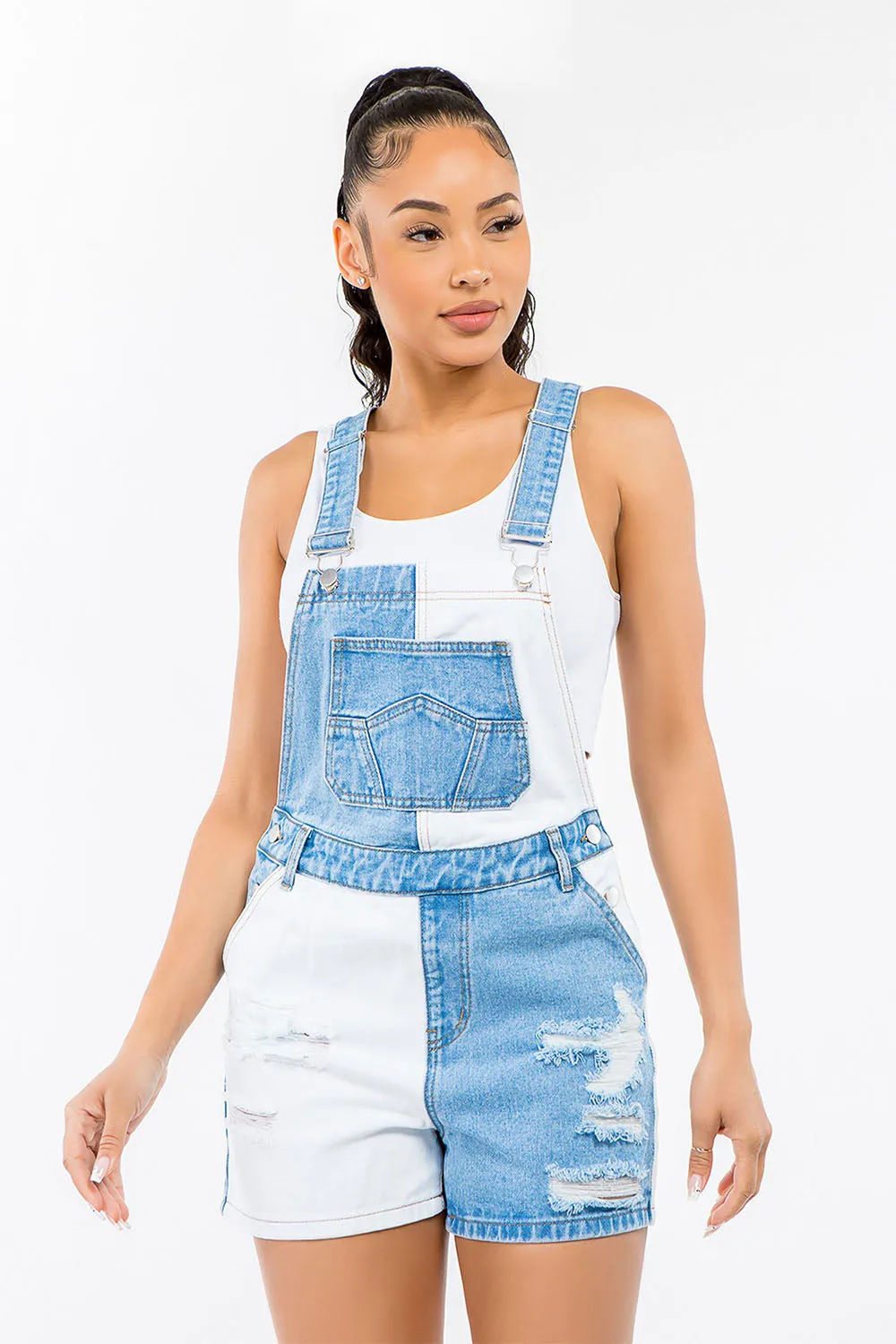 Women's Patchwork Color Block Denim Short Overalls