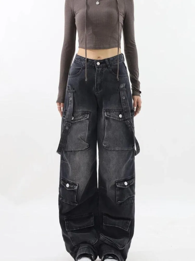 Y2K Belted Dark Wash Cargo Jeans