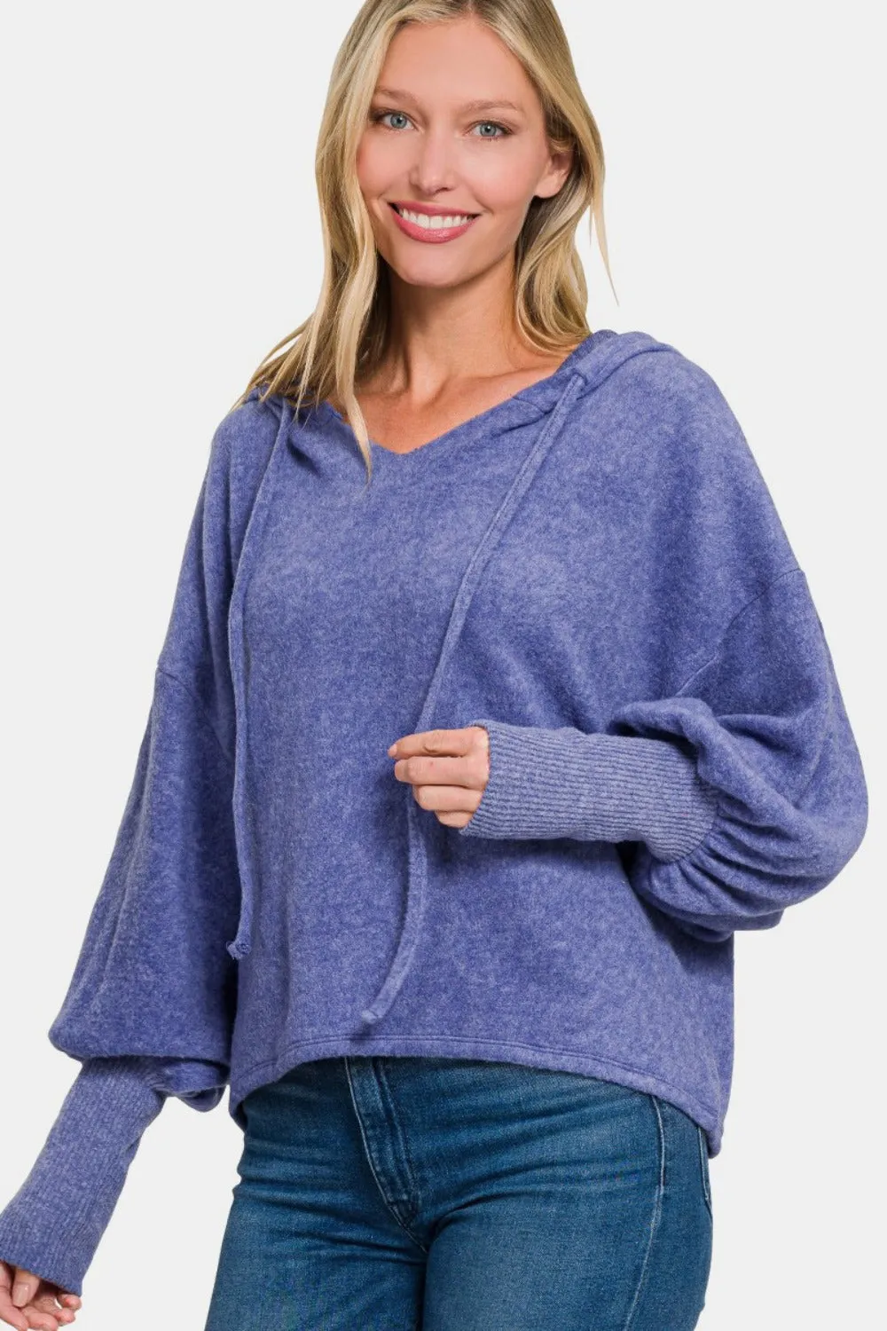 Zenana Brushed Hacci Drop Shoulder Cropped Hoodie Marlin Blue