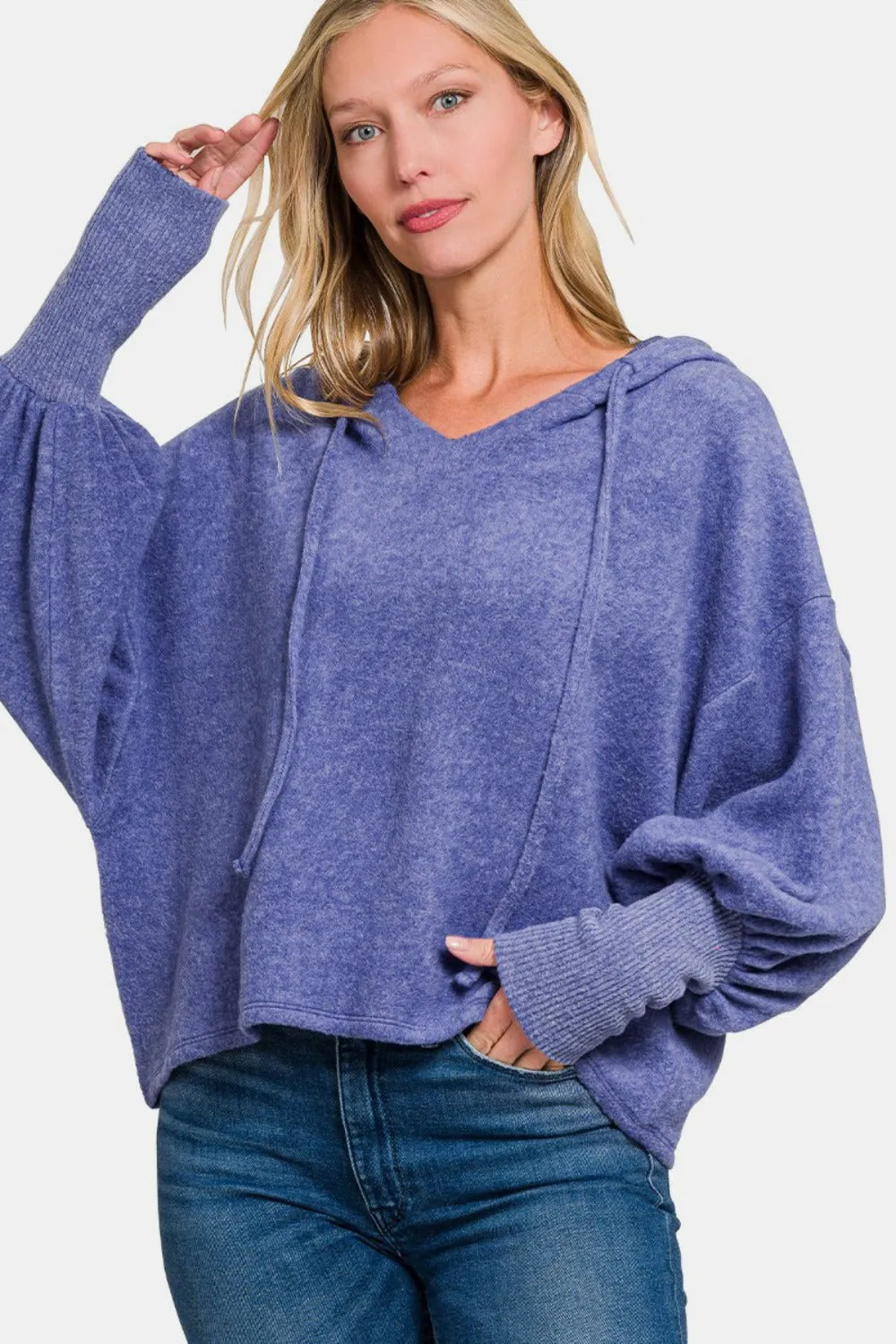 Zenana Brushed Hacci Drop Shoulder Cropped Hoodie Marlin Blue