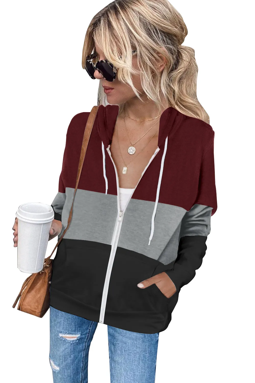 Zip Front Color Block Splicing Drawstring Hoodie