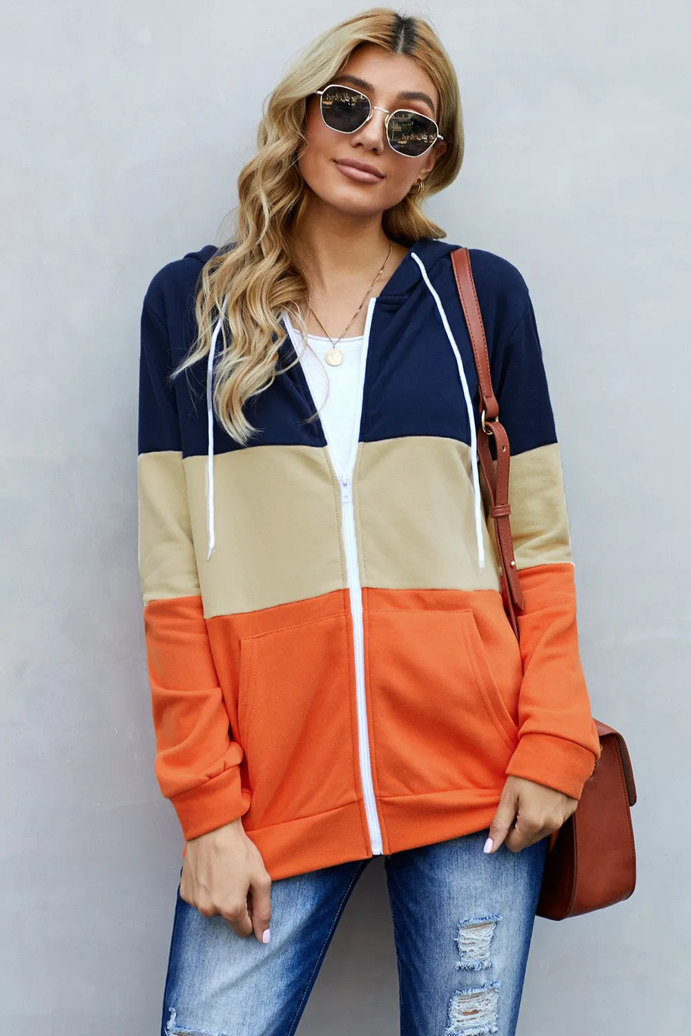 Zip Front Color Block Splicing Drawstring Hoodie